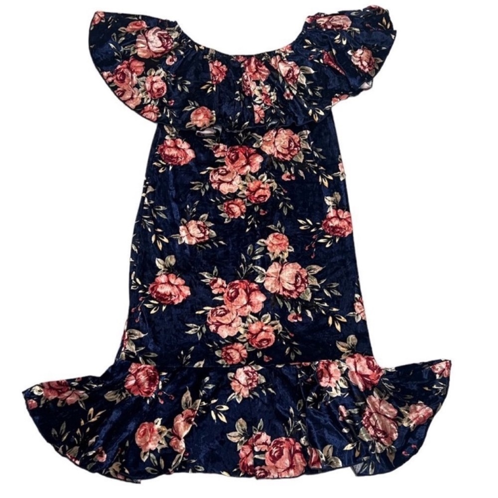 Navy Floral LuLaRoe Cici Off Shoulder Ruffled Hem Midi Dress M - Picture 3 of 16